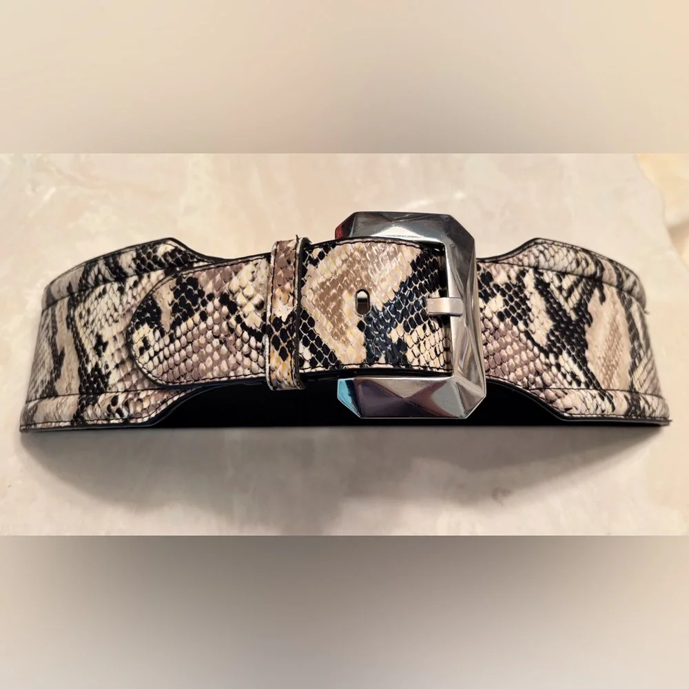 Wide Snake Print Leather-Trim Belt by White House Black Market